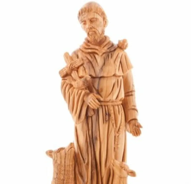 St. Francis Assisi, Patron of Animals Statue, 19 Tall Masterpiece Hand Carved Sculpture from Holy Land Olive Wood