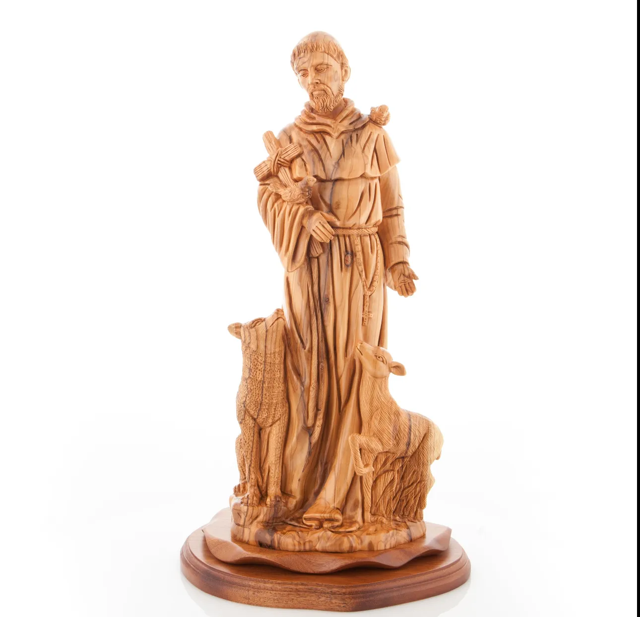 St. Francis Assisi, Patron of Animals Statue, 19 Tall Masterpiece Hand Carved Sculpture from Holy Land Olive Wood