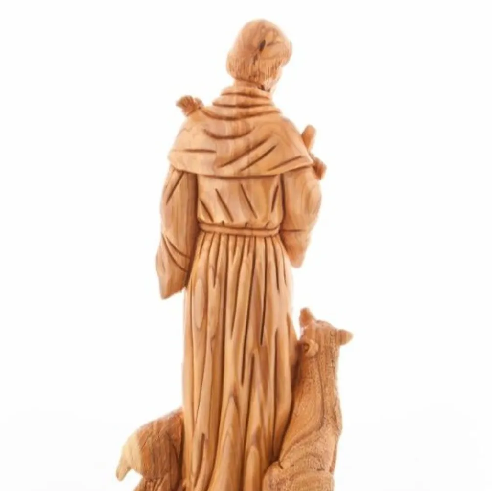 St. Francis Assisi, Patron of Animals Statue, 19 Tall Masterpiece Hand Carved Sculpture from Holy Land Olive Wood