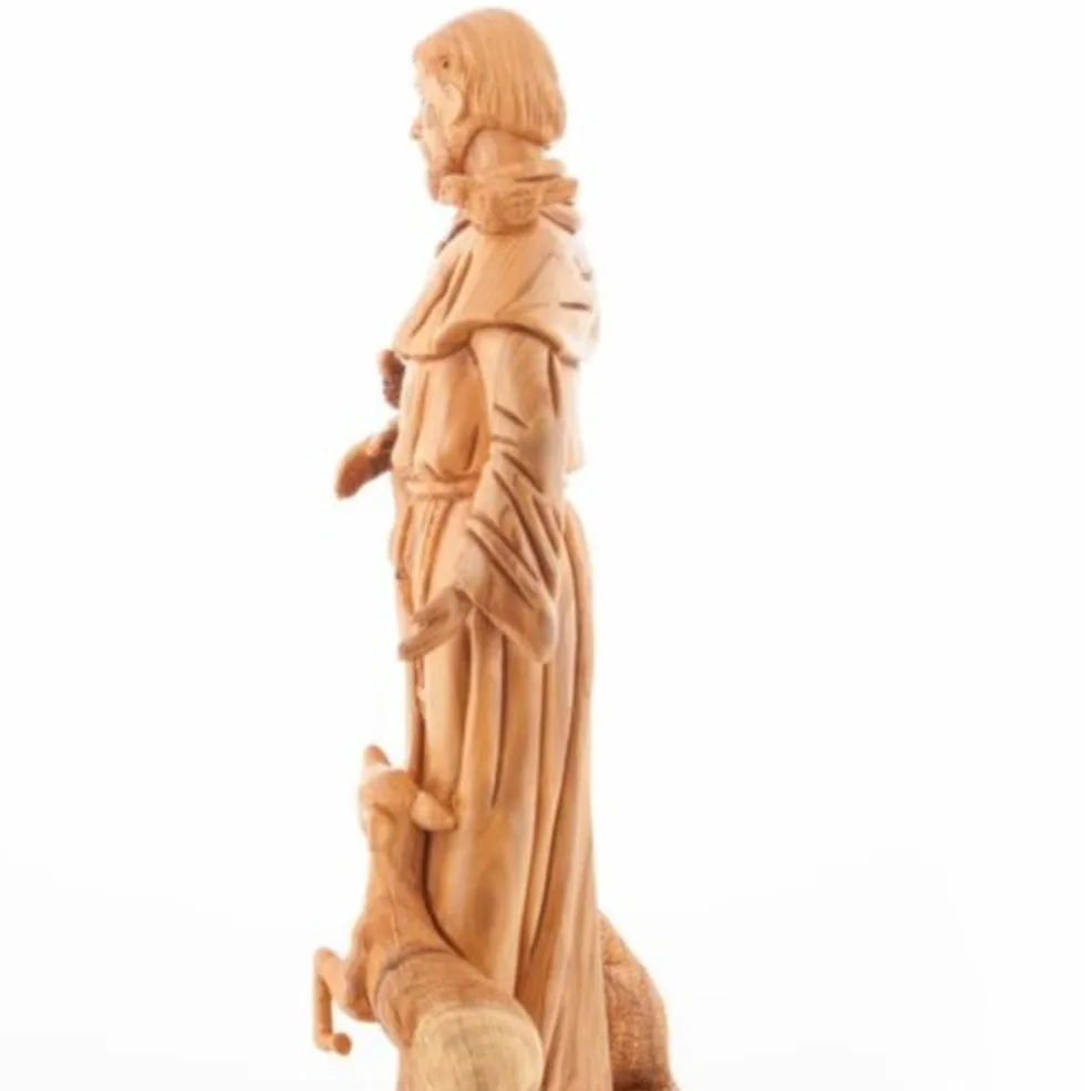 St. Francis Assisi, Patron of Animals Statue, 19 Tall Masterpiece Hand Carved Sculpture from Holy Land Olive Wood