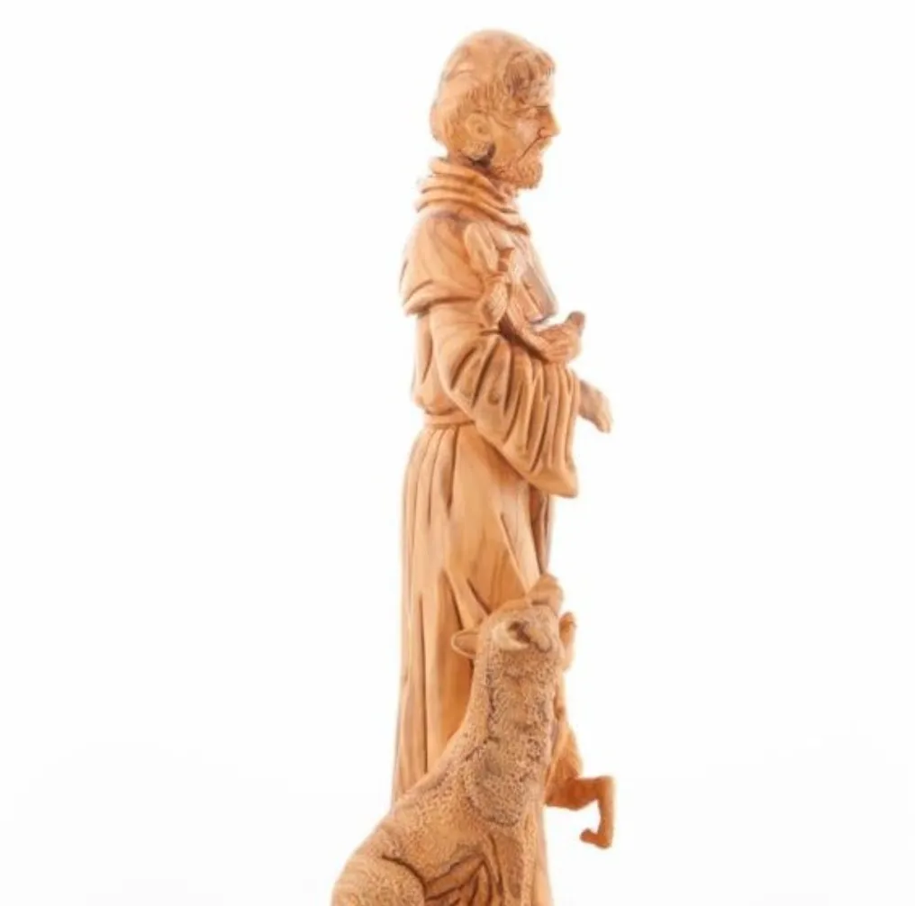 St. Francis Assisi, Patron of Animals Statue, 19 Tall Masterpiece Hand Carved Sculpture from Holy Land Olive Wood