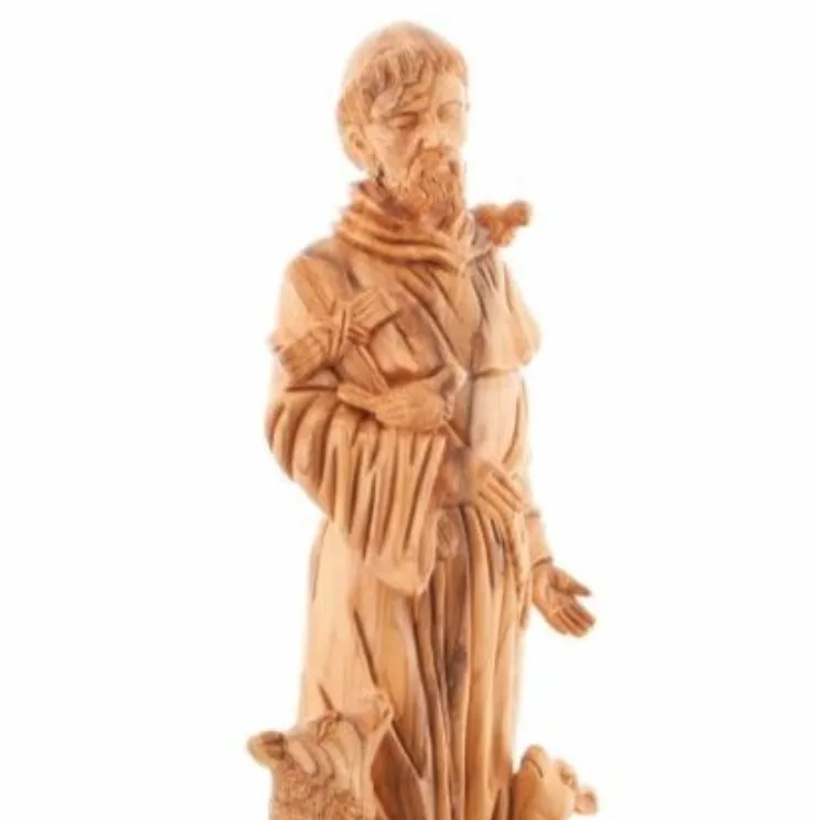 St. Francis Assisi, Patron of Animals Statue, 19 Tall Masterpiece Hand Carved Sculpture from Holy Land Olive Wood