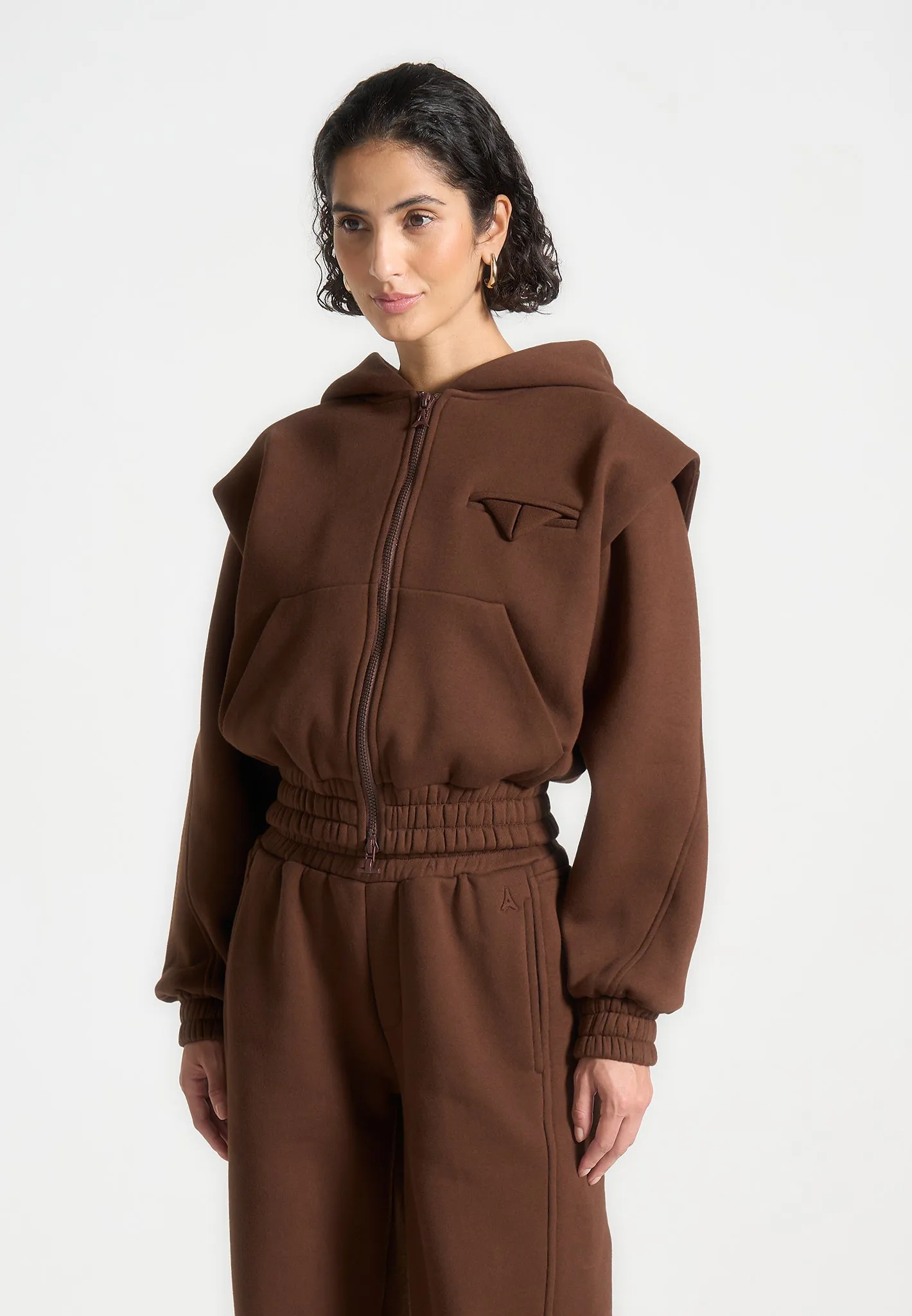 ternelle Wide Shoulder Zip Through Hoodie - Brown