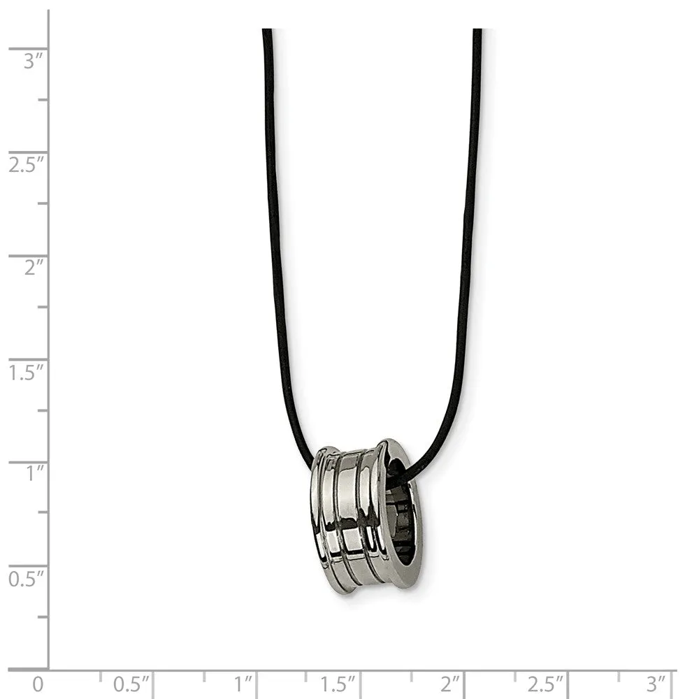 Tungsten Barrel and Black Leather Cord Necklace 18 Inch