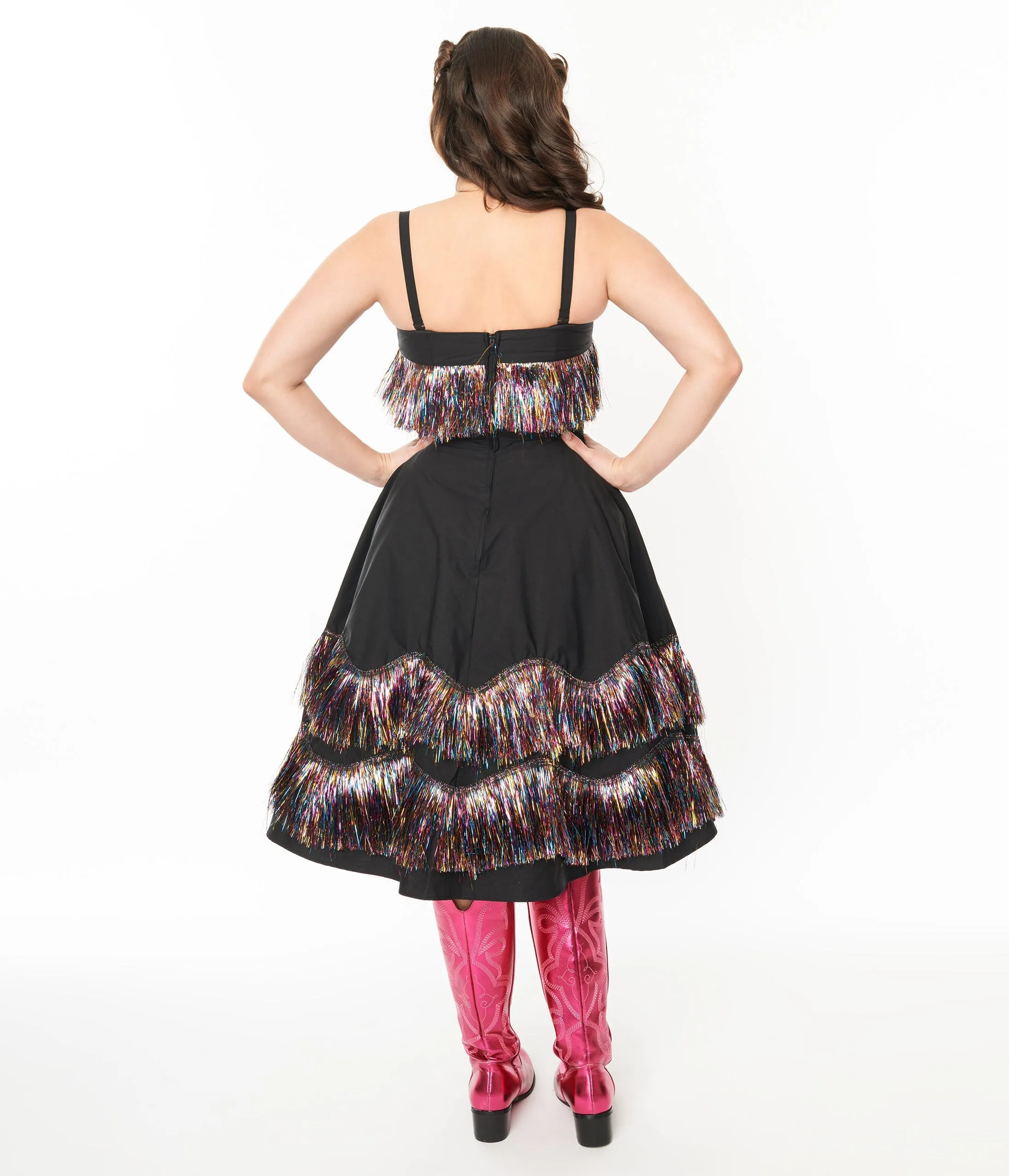 Unique Vintage Black & Rainbow Fringe Girlie Swing Dress