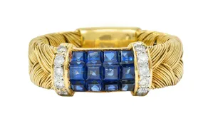 Vintage 0.87 CTW Sapphire Diamond 18 Karat Gold Wheat Band Ring