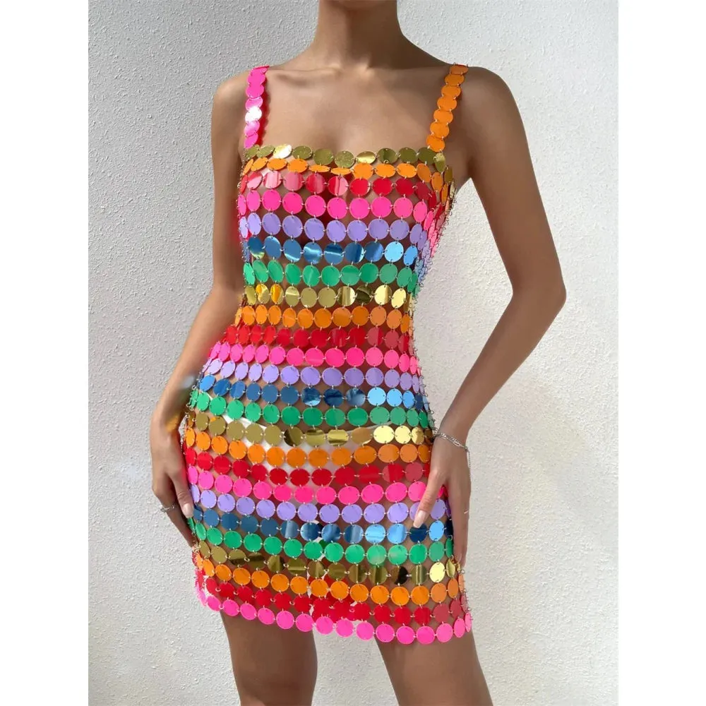 Women's Sexy Colorful Handmade Beads Nightclub Mid-Calf Dress