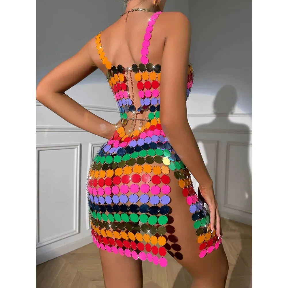 Women's Sexy Colorful Handmade Beads Nightclub Mid-Calf Dress