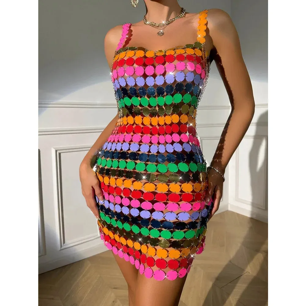 Women's Sexy Colorful Handmade Beads Nightclub Mid-Calf Dress