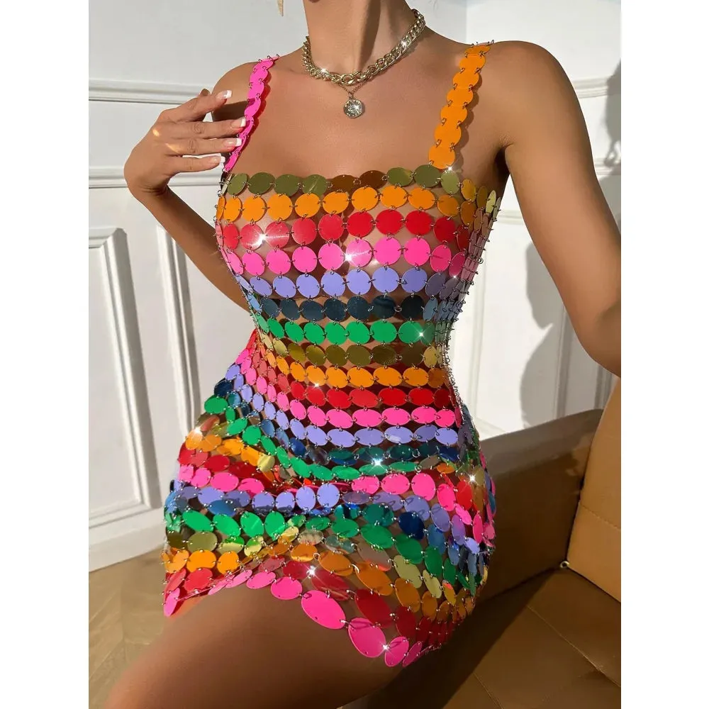 Women's Sexy Colorful Handmade Beads Nightclub Mid-Calf Dress