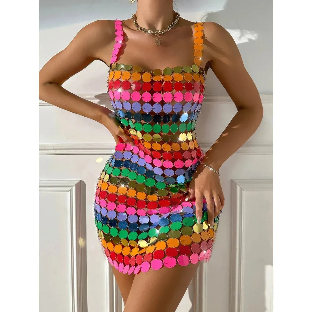 Women's Sexy Colorful Handmade Beads Nightclub Mid-Calf Dress