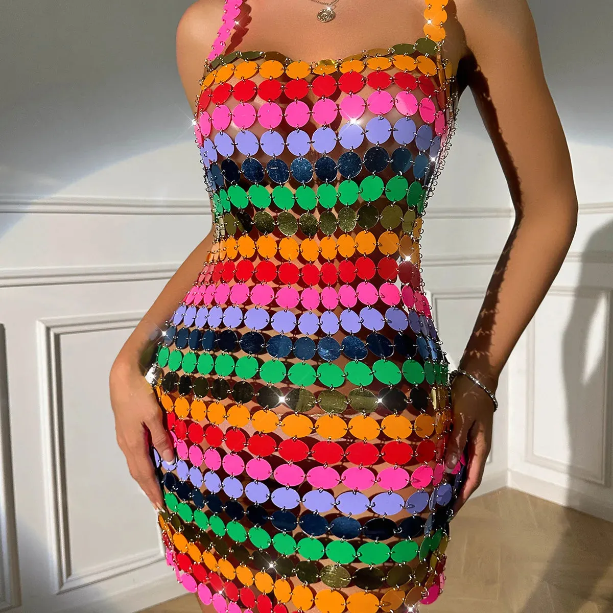 Women's Sexy Colorful Handmade Beads Nightclub Mid-Calf Dress