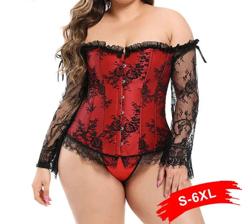 Women's Sexy Skinny Aesthetic Lace Ruffles Long Sleeve Corset Lingerie