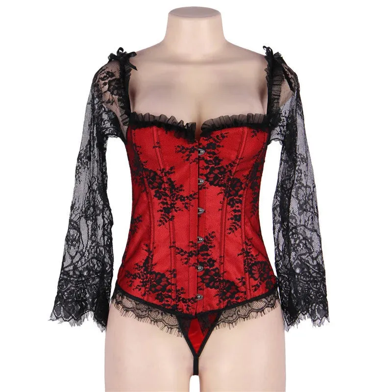 Women's Sexy Skinny Aesthetic Lace Ruffles Long Sleeve Corset Lingerie