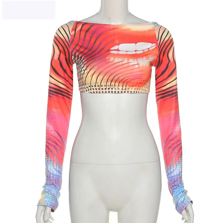 Women's Skinny Backless Colorful Printed Long Sleeve Hip Hop Crop Top